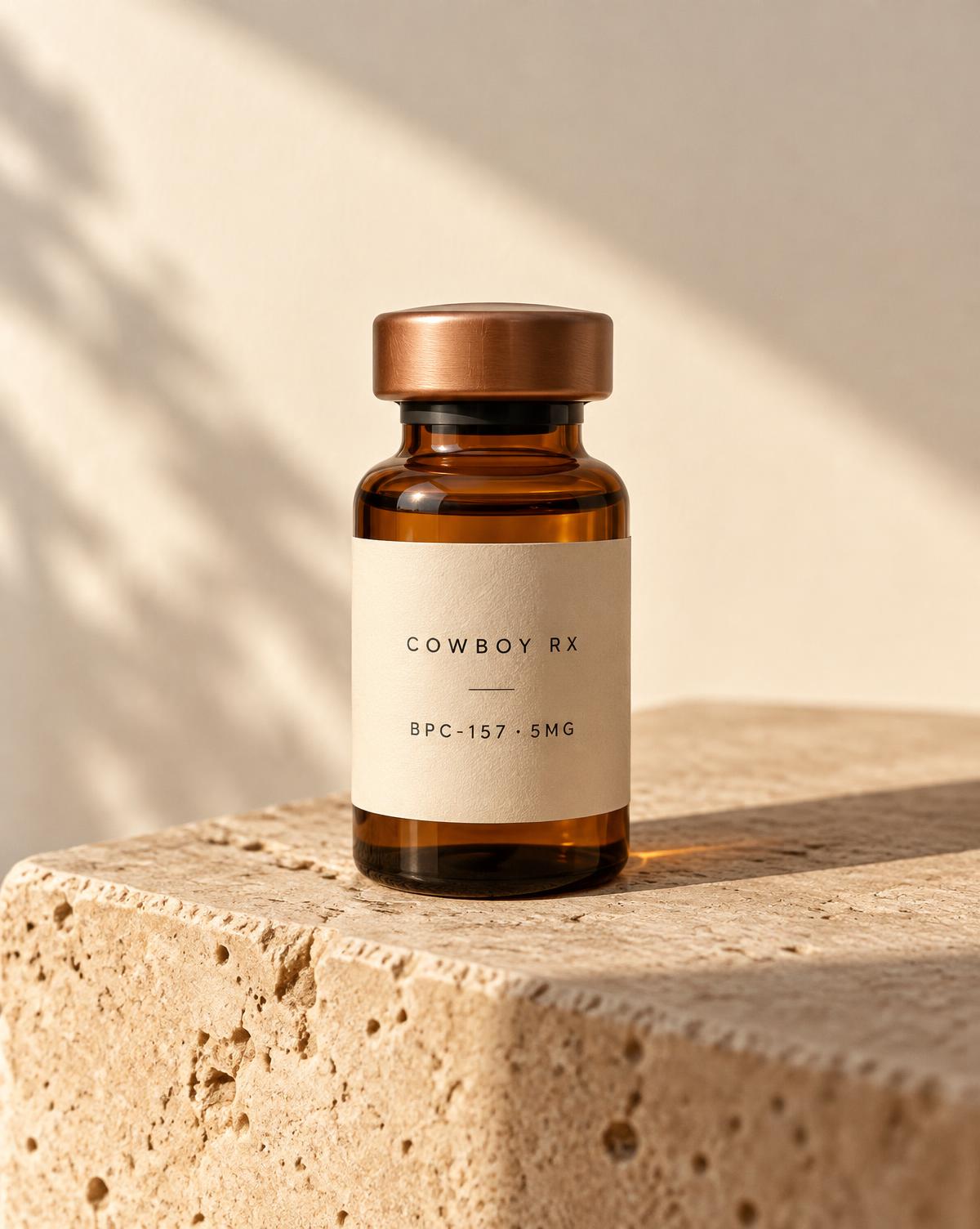 Amber compounded peptide vial on travertine stone