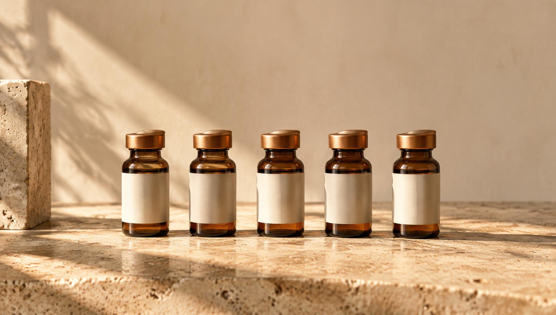 Five amber compounded vials in warm sunlight on travertine