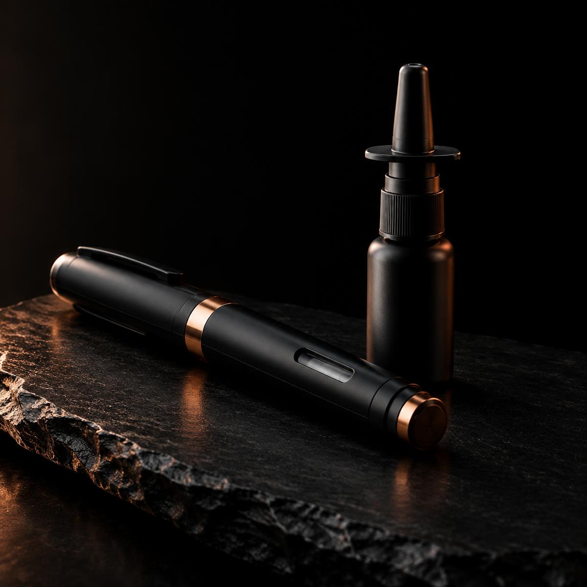 Injection pen and nasal spray on dark stone